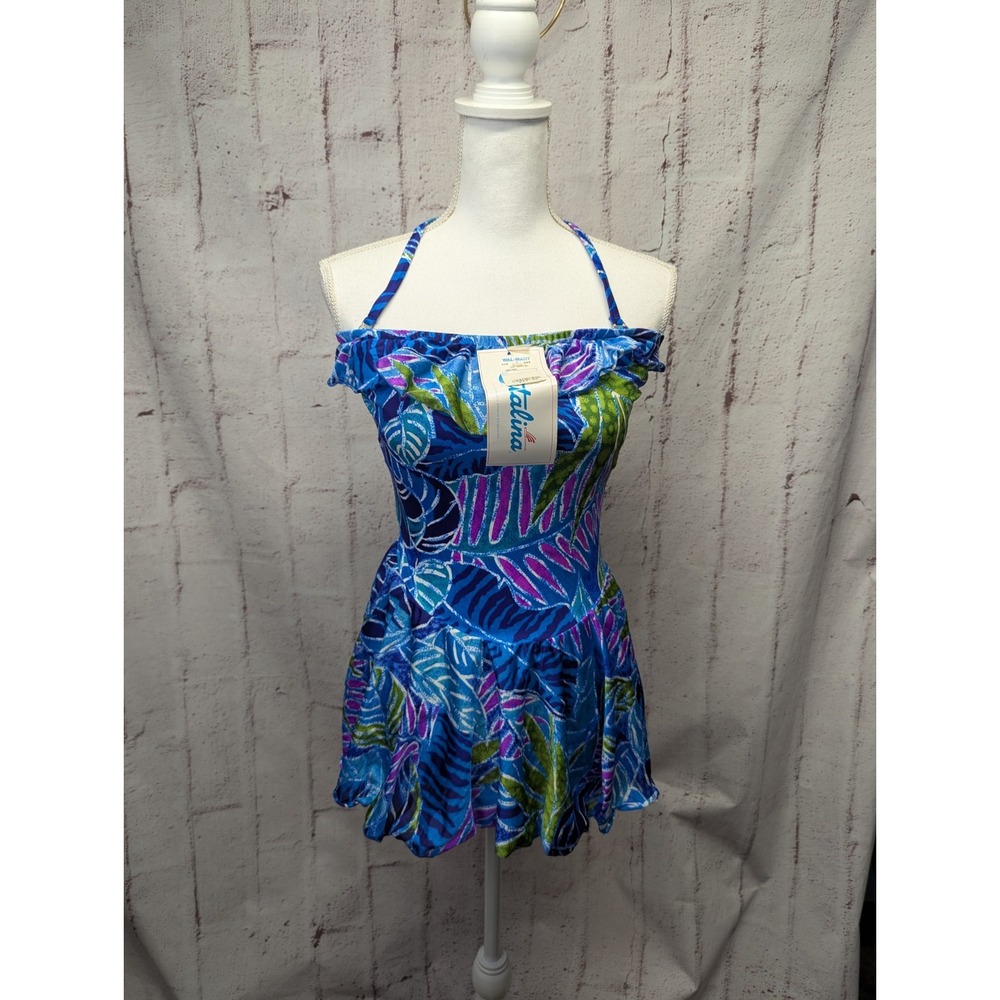 Catalina New Vtg 80s Tropical Psychedelic Halter Skirted Swimwear USA Made Sz 14
